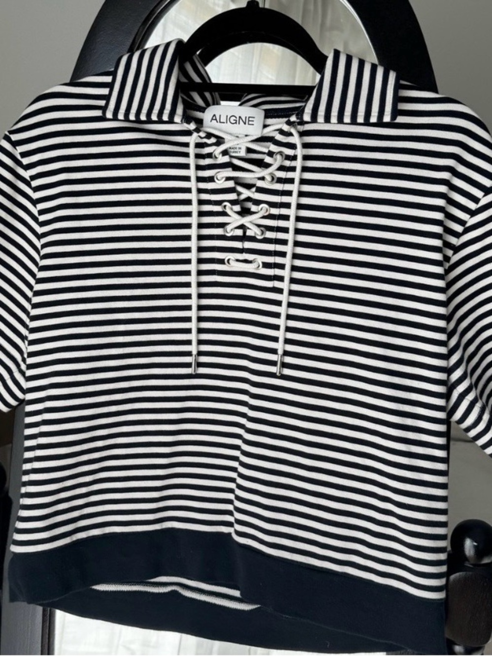ALIGNE Black & White Striped Lace-Up Polo Top